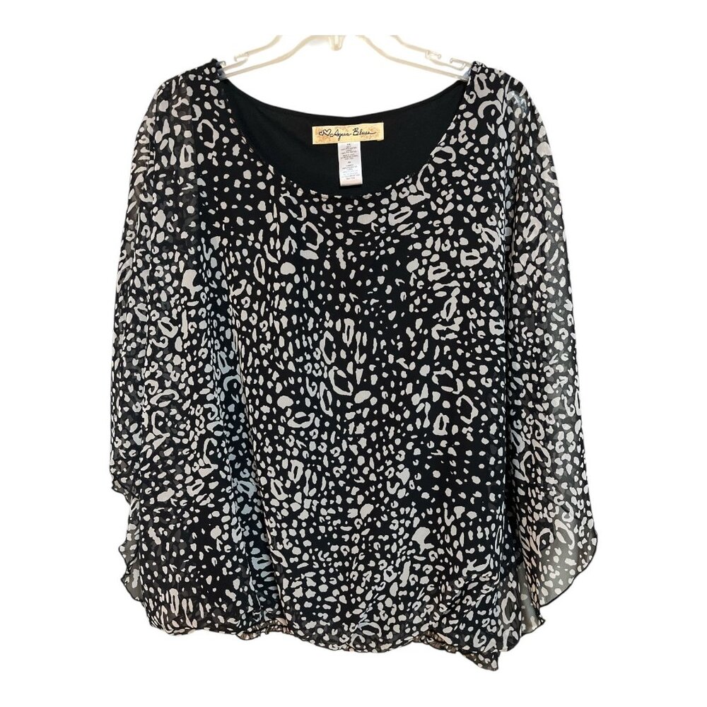 Y2K Aqua Blues Women’s 3X Flutter Sleeve Sheer Overlay Blouse Black White Animal